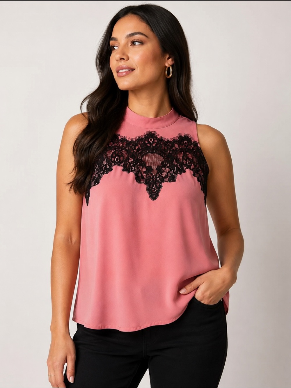 New York & Company Pink Black Lace Sleeveless Blouse Size L